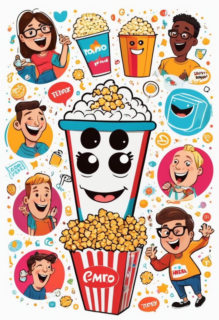 A colorful collage of various hilarious video clip scenes, featuring animated characters laughing and sharing popcorn, with a large play button in the center symbolizing trending content. Add speech bubbles with funny captions, surrounded by icons of social media platforms like TikTok and Instagram to represent viral trends. The background should be vibrant and energetic, capturing the essence of comedy and entertainment. cartoon style. vibrant colors. white background.